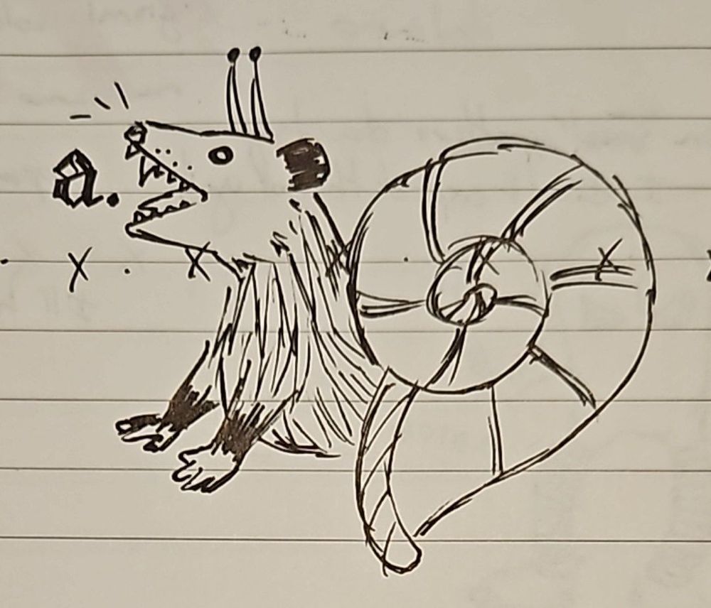Day planner scribble of a Virginia opossum with antennae emerging from a snail shell and screaming a calligraphed 'a'.