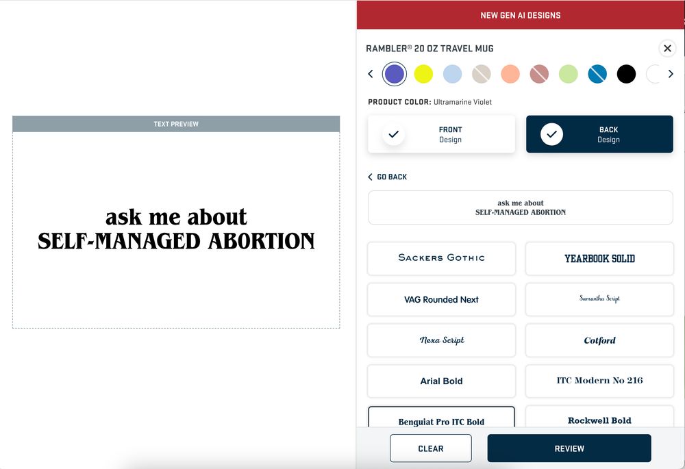 but if I ask it to print me an "ask me about SELF-MANAGED ABORTION" mug with the "o" replaced with a zero it works