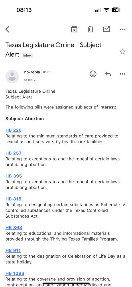 A mobile screenshot of a Texas Legislature bill alert system showing new bills filed under the subject matter "abortion." They range from proposals to repeal the state abortion ban to further criminalizing abortion.