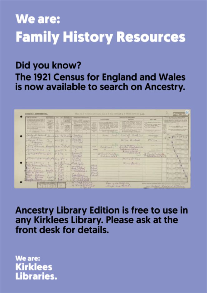Kirklees Local Studies poster featuring the 1921 Census