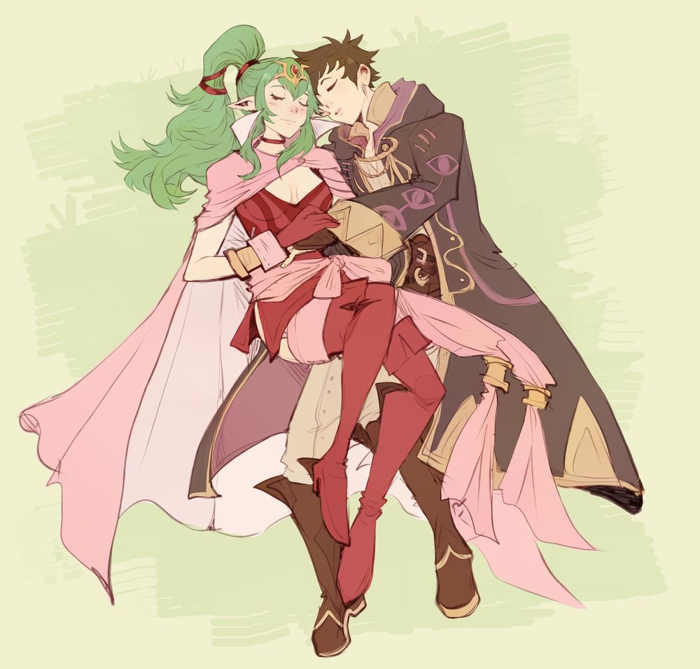A sketch with flat colours. A custom Robin with short, brown hair lies in the grass with adult Tiki from Fire Emblem Awakening. They are both asleep, with Robin's arm around her waist and TIki's hand atop his. Both are dressed in their default outfits.