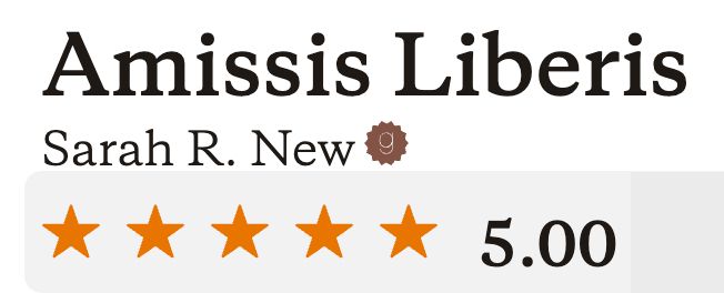 It is a screenshot from Goodreads. It reads: Amissis Liberis, Sarah R. New and shows a 5 star rating.