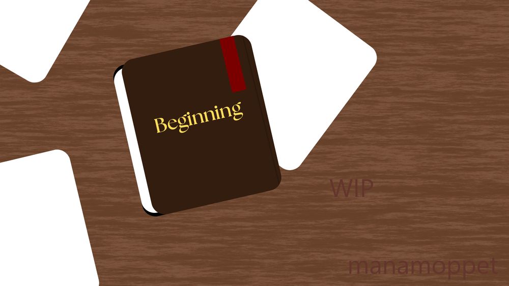 This is the starting stream image. Looks like a simple leather notebook lying on a wooden surface. On the front of the book it says "Beginning". There are 3 blank pages spread out. A red bookmark thread peaks out. It is watermarked with WIP and manamoppet. Not AI generated; free elements from Canva has been used.
