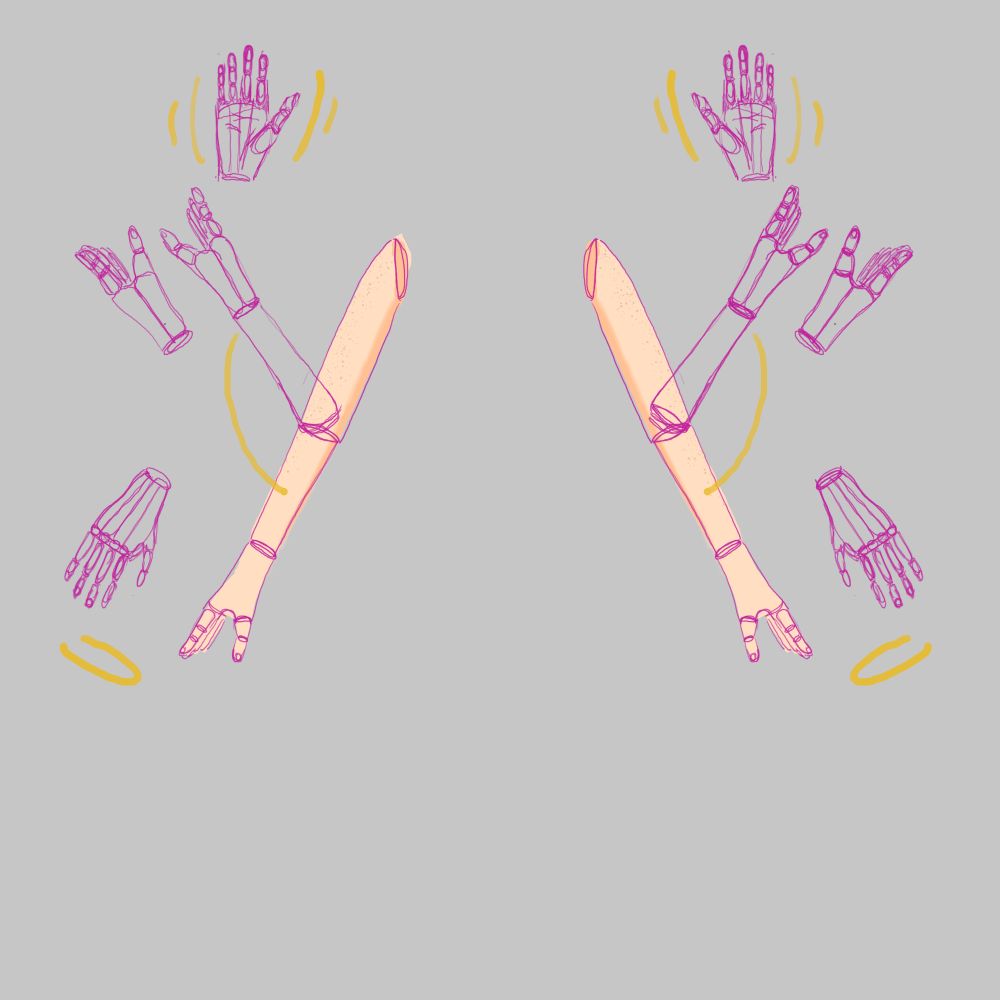 Floating vtuber arms sketched over in attempt to figure out the components needed.