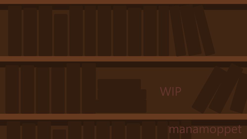 This image shows a zoomed in simple wooden bookcase with the leather books in silhouette (not rendered) as it is a relatively quick draft. There is space to place things, text, or a smol character. Some books in the middle are stacked, with the books on the right edges leaning. It is meant as intermission, but not sure. No AI, but free assets from Canva was used.