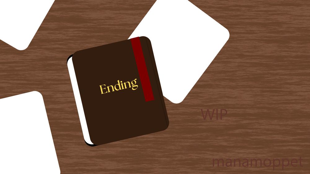 This is the ending stream image. Looks like a simple leather notebook lying on a wooden surface. On the front of the book it says "Ending". The book is moved slightly compared to the book with "Beginning". There are 3 blank pages spread out. A red bookmark thread peaks out, longer than the "Beginning" book. It is watermarked with WIP and manamoppet. Not AI generated; free elements from Canva has been used.
