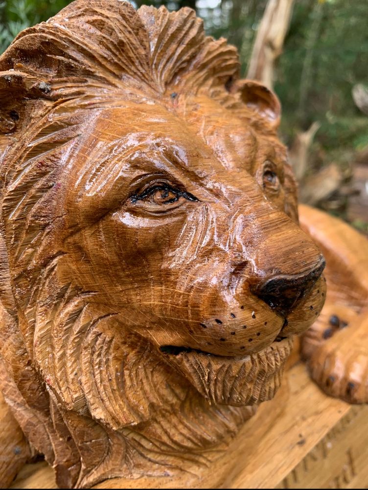 A beautiful carved wooden male lion’s face.