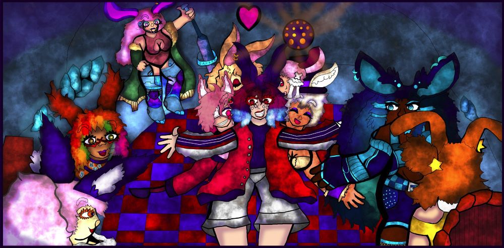 9 females characters with bunny ears and 1 female character with  deer horns, enjoying a disco party inside a cave, just like the video clip of Bunny Party by Schnuffel