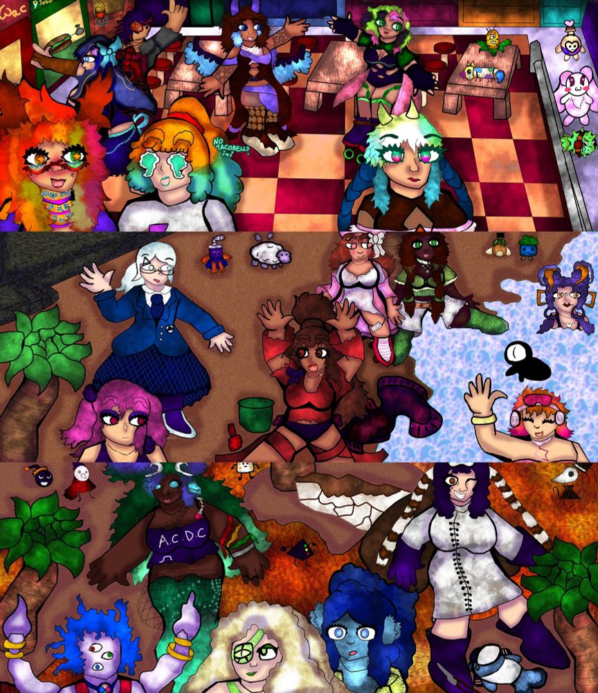3 different scenes of different characters hanging out together. At the top scene. 2 girls talking to each other at the front and a girl walking away. One girl pointing at a mac donalds parody while the other runs away and two girls at the back talking to each other. At the side smaller simple shaped characters. In the scene at the middle two girls sitting by a palm tree at the back. 2 girls swimming in the sea while a woman stares at them with a neutral expression. And at the sand a girl instructs other on how to make a sandcastle while the other one yells. At the bottom scene a mad scientist and a mermaid give orders to a squid like superhero. A woman with blonde curvy hair and an eyepatch and another mermaid