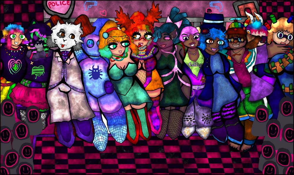 12 different characters with their arms each others shoulders. Wearing shiny fancy disco outfits. The background is dark pink and black and there are small hooded smiling critters on the sides ofthe image.