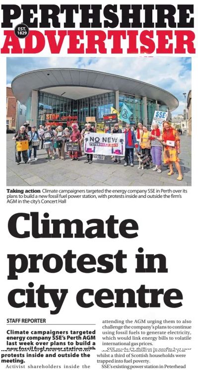 Image of article from the Perthshire Advertiser with the headline 'Climate protest in city centre'.