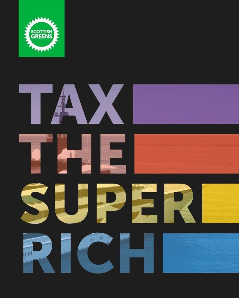 Colourful text which reads 'tax the super rich'