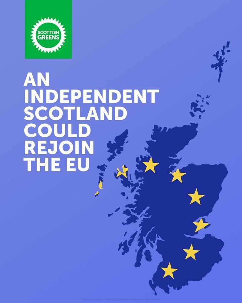 Image of map of Scotland with EU flag, and text which reads 'an independent Scotland could rejoin the EU'