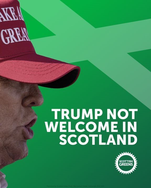 Image of an orange man in a red hat with the text: Trump not welcome in Scotland