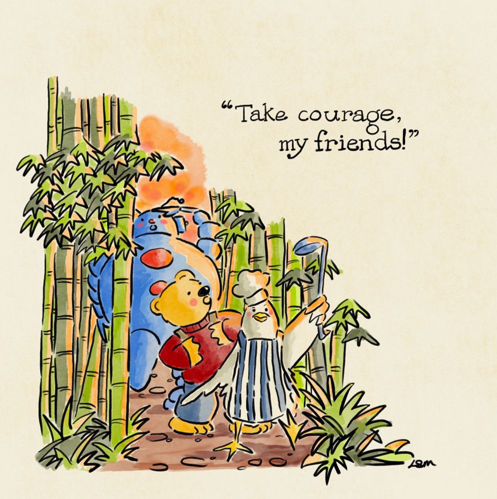 A seagull chef is leading a robot and a bear through a bamboo forest at sunset. He is brandishing his ladle as he stomps forward.