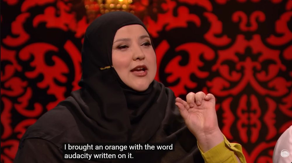 Combined captions from all four screenshots read: "I brought an orange with the word 'audacity' written on it. Something that middle-aged men have a massive supply of is audacity. right? So, this is what you do. You wake up in the morning and juice it and drink that audacity so you don't inflict it on anybody else."