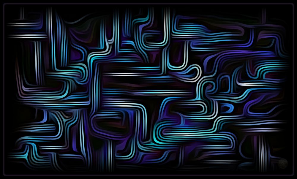 Abstract digital artwork - interlocking lines of blues, greens, purples, and white on a black background.