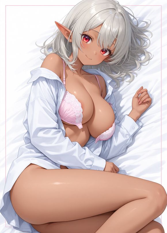 (soft pastel tones:1.2), (watercolor-pencil(medium):1.1), (masterpiece:0.9), very aesthetic, ultra-detailed, absurdres, 1girl, dark skin, pointy ears, BREAK, open shirt, white shirt, no bra, on side, undone bra, large  breasts, medium hair, mocha hair, smile, closed mouth, scarlet eyes, BREAK, upper body, dynamic lighting, kawaii, parfect face, skindentation, BREAK, feet out of frame, outside border, white background, solo
Negative prompt: lowres, worst quality, bad anatomy, blurry, censor, bad hands, extra digit, error, ugly, (long body:1.2), poorly drawn, extra arms, sepia, limited palette, monochrome, grayscale, (face shadow:1.2), (backlight:1.2), cartoon, human ears, mature female, chibi, tanlines, halo, artist name, text, signature, watermark, (realistic:0.5), scenery, see-through clothes,  horn, pink hair, gray background, extra hands, speech bubble
Steps: 25, Sampler: Euler a, Schedule type: Karras, CFG scale: 4, Seed: 1238487905, Size: 1376x1920, Model hash: 7ce4d60ef4, Model: novaAnimeXL_ilV100