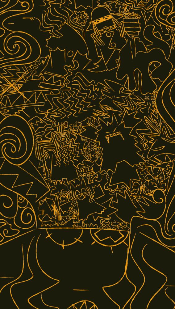 A drawing composed of a green background and yellow outlines. At the bottom there is the face of an anthropomorphic dog cut halfway through the eyes. From the head there are emanating many variations of this dog. Some happy, some sad, some angry, some bizarre. 