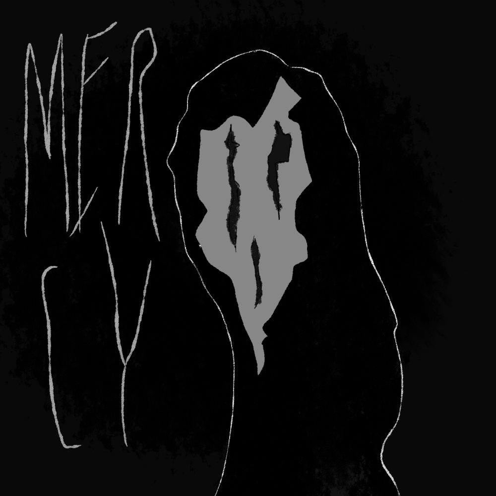 A drawing with a black background and white outlines. A somewhat amorphous figure with what seems to be a white mask for a face is looking at the viewer. The rugged mask has jagged vertical slits for eyes and mouth. The text "MERCY" is spelt out to the left side of them.