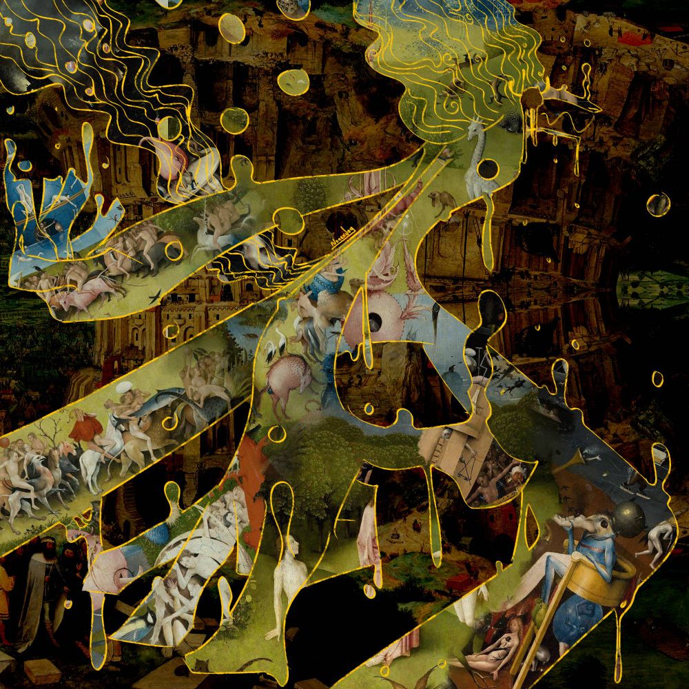 A collage drawing of an anthropomorphic dog walking towards the right, arms stretched out and body melting, both dripping down and floating upwards in bubbles. Its dripping eye forms the alchemical symbol for mercury. The textures of its body are composed of different crops of "The Garden of Earthly Delights" by Hieronymus Bosch. The background is made of the painting "The Great Tower of Babel" by Bruegel the Elder, vertically mirrored.