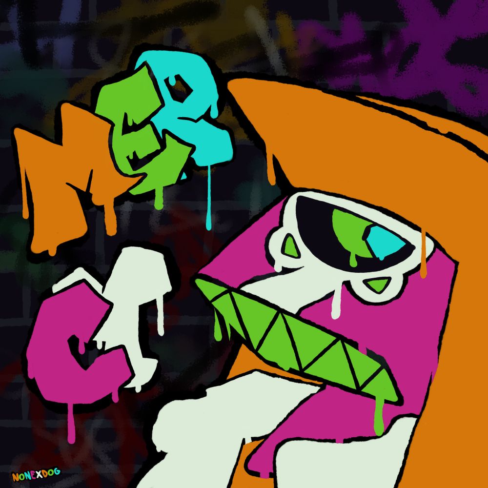 A drawing of the bust of a one-eyed creature staring at the viewer. The background is a bunch of graffiti. The creature has magenta skin, green teeth, an orange cap and clothes, and a blue and green eye. It is dripping as though painted with a spray can. To the left of it, graffiti-like text, also dripping, spells out "mercy".