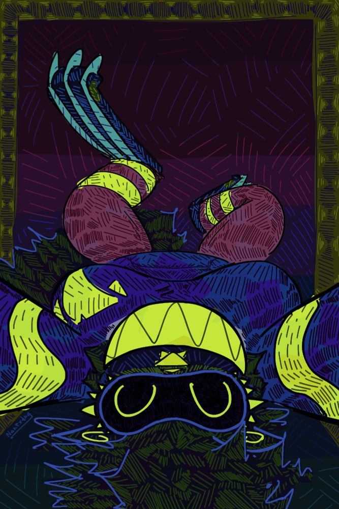 SVK-IX, an anthro hyena with a mask and visor, laying on her back. She looks at the camera with a toothy smile, arms splayed out and legs raised. 