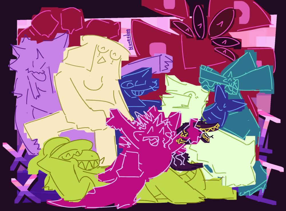 A colored drawing of a group of 9 anthropomorphic creatures all huddled up and celebrating. The roman numerals XX and II are on the left and right side of the screen respectively. The creatures are positioned as follows: a pink dog in the middle, arms up; a small purple creature holding onto the dog's arm, mouth open, not anthro; a big green lizard laying belly up under the dog; a white greenish bird opening his arms wide behind and to the right of the dog; a big yellowish mushroom lady behind and to the left of the dog; a purple ghost behind and to the left of the mushroom; a blue shrimp laying onto the right side of the mushroom; a smiling teal robot with a snout to the right and behind the bird; a red demon so big it's behind everyone, a hand rising to the left. 