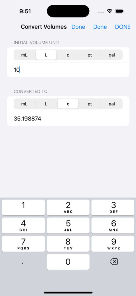 “Screenshot of a volume conversion app on a phone. The user enters 10 liters as the initial unit, and the app converts it to 35.198874 cups. The screen shows options to switch between milliliters, liters, cups, pints, and gallons, with a numeric keypad at the bottom.”