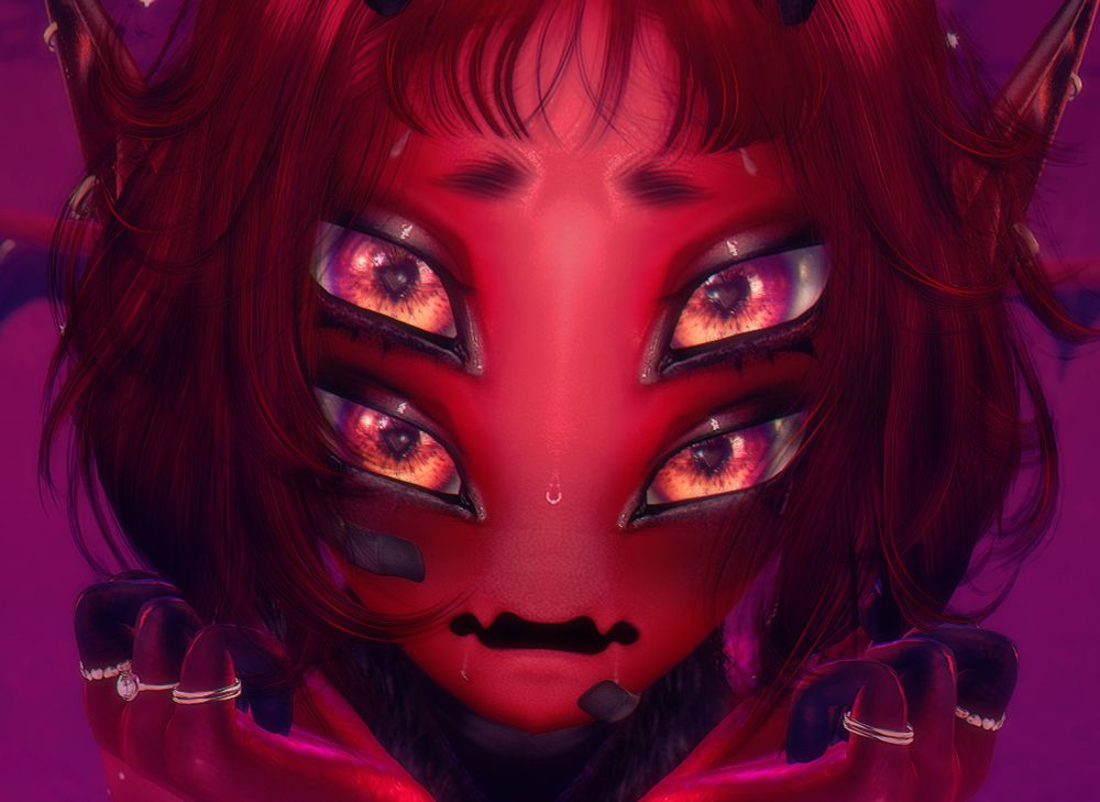 a 3d red demon woman staring at the viewer with suspicious intentions