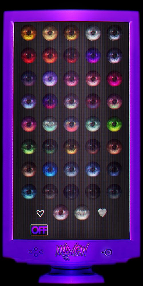 A funky purple fake computer screen (meant to be an in-game HUD) showcasing 42 colors and two extra pupil options.