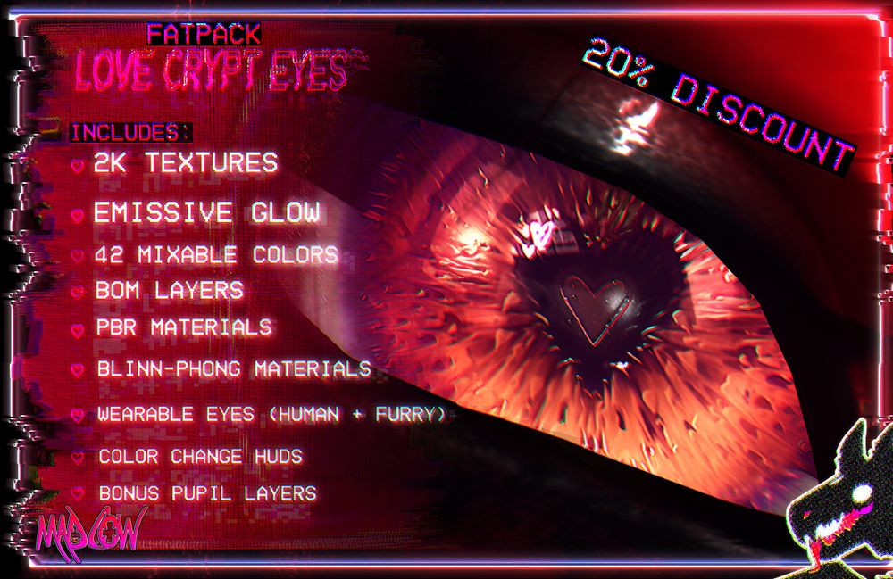 Closeup of 3d model's eye showcasing the product for Second Life. Has an overlay of text that says: 
2K Textures
Emissive Glow
42 Mixable Colors
BoM Layers
PBR Materials
Blinn-Phong Materials
Wearable Eyes (Human+Furry)
Color Change HUDS
Bonus Pupil Layers