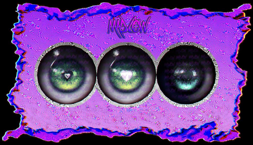 a row of 3 disembodied 3d eyeballs on an obnoxious background