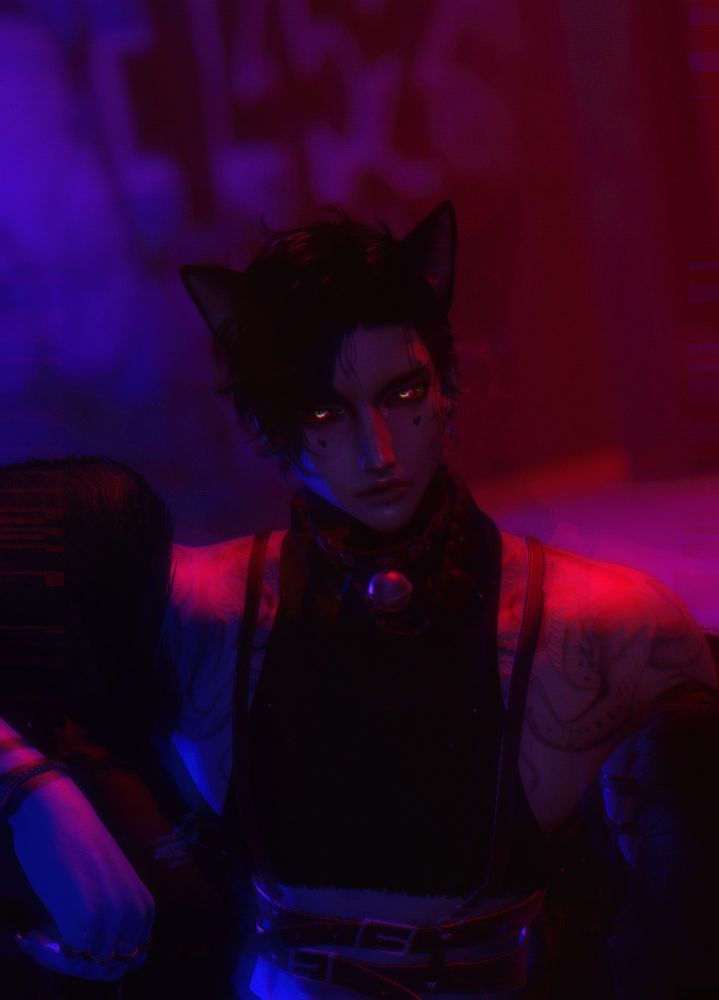3D anime(?) man staring menacingly at the camera and showing that his eyeballs do indeed glow in the dark.