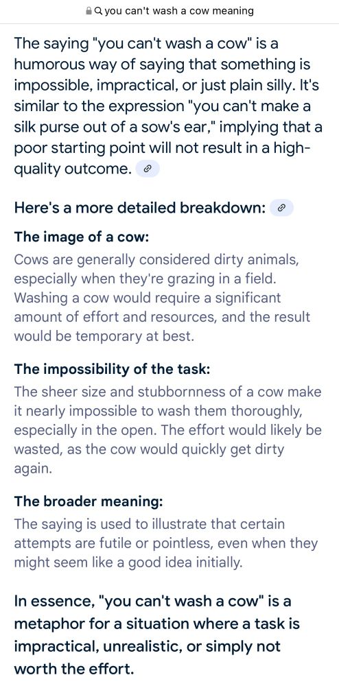 Google’s AI result when I asked it the meaning of “you can’t wash a cow”, a phrase I just made up.

The saying "you can't wash a cow" is a humorous way of saying that something is impossible, impractical, or just plain silly. It's similar to the expression "you can't make a silk purse out of a sow's ear," implying that a poor starting point will not result in a high-quality outcome.

Here's a more detailed breakdown: 

The image of a cow:
Cows are generally considered dirty animals, especially when they're grazing in a field. Washing a cow would require a significant amount of effort and resources, and the result would be temporary at best.

The impossibility of the task:
The sheer size and stubbornness of a cow make it nearly impossible to wash them thoroughly, especially in the open. The effort would likely be wasted, as the cow would quickly get dirty again.

The broader meaning:
The saying is used to illustrate that certain attempts are futile or pointless, even when they might seem like a good idea initially.

In essence, "you can't wash a cow" is a metaphor for a situation where a task is impractical, unrealistic, or simply not worth the effort.