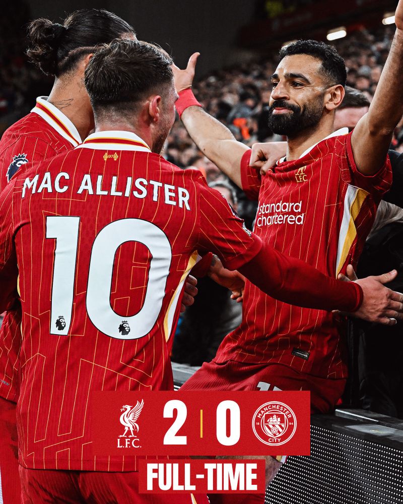 Full-time graphic for Liverpool vs Manchester City. Mo Salah is celebrating with Alexis Mac Allister and Darwin Nunez.

The final score is Liverpool 2-0 Manchester City.