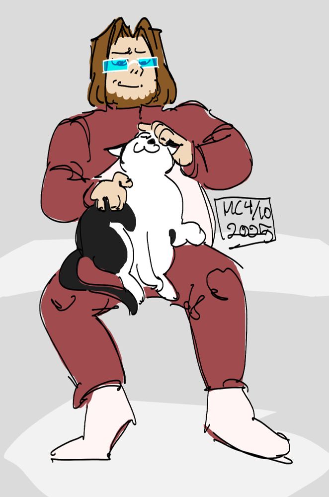 A flat color sketch of Howard Young petting a large black and white cat.