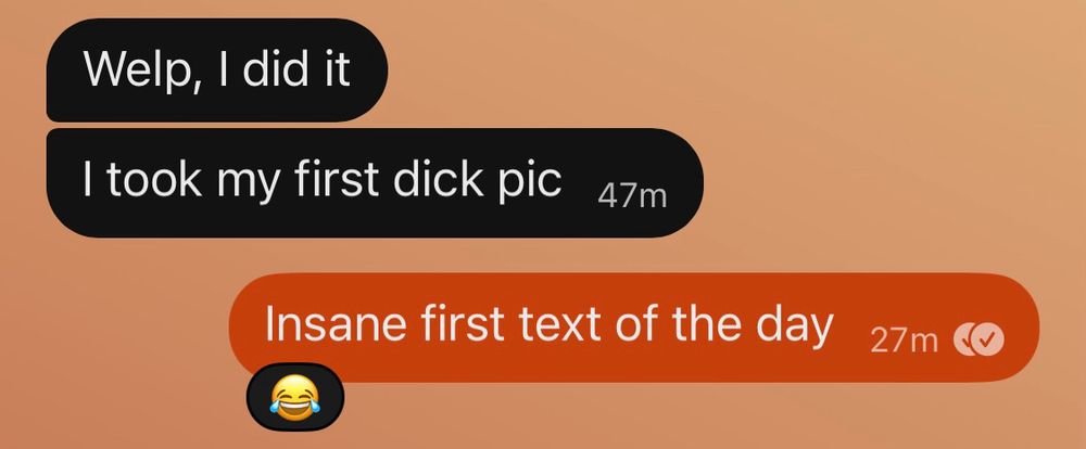 A screenshot of a conversation from Signal

1: Welp, I did it
1: I took my first dick pic
2: Insane first text of the day