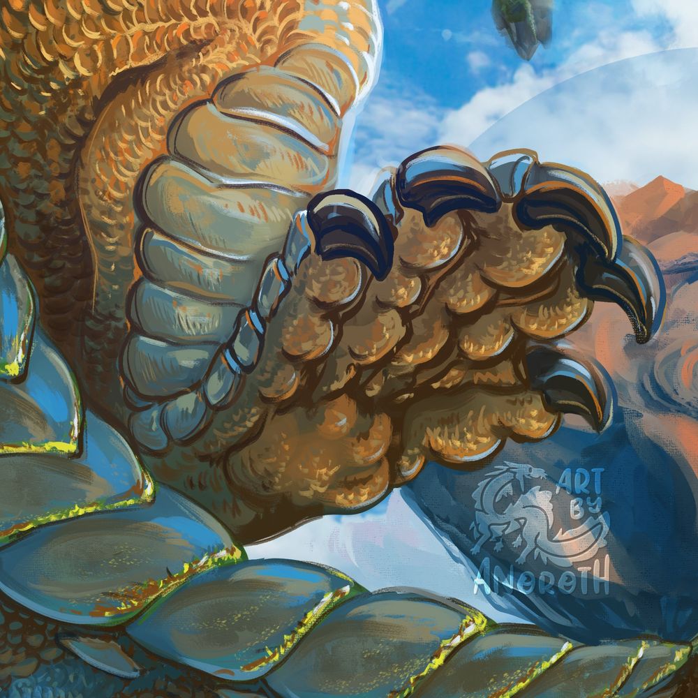 Detail view. A giant bronze dragon elderwyrm is creating different biome worlds on floating islands, rising the into existance. a huge illustration commission for Tempestus, painted by Anoroth