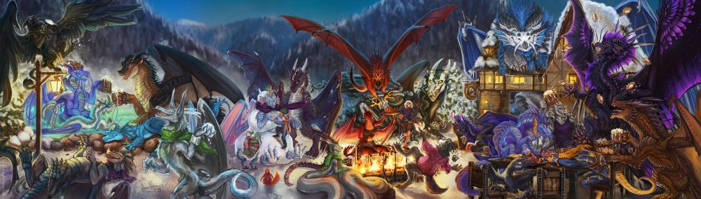 26 character panorama featuring friends from discord server "Anoroth's Fishtank" having a winter bbq.