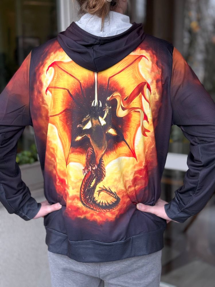Inferno nightwing assasin hoodie back view, furry dragon merch by Anoroth model is 195 cm tall and wears 2XL