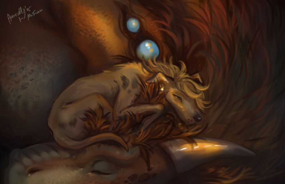 Lahiti the dog sleeping the the mane of Hayo the dragon, revenge attack on mcfan, artfight 2025