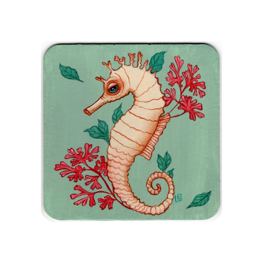 Seahorse and coral with green leaves on green background