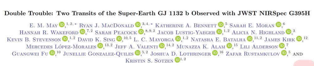 Screenshot of the title and author list for our new paper: "Double Trouble: Two transits of the super earth GJ 1132 b observed with JWST NIRSpec G395H"