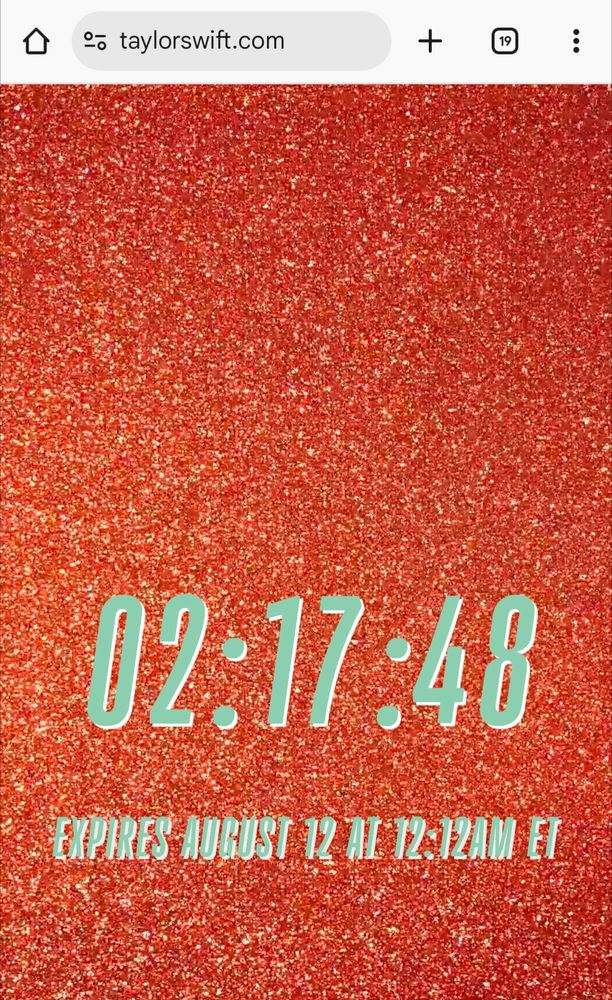 Screenshot of TaylorSwift.com with an orange glitter background and a countdown that ends at 12:12 AM on 8/12