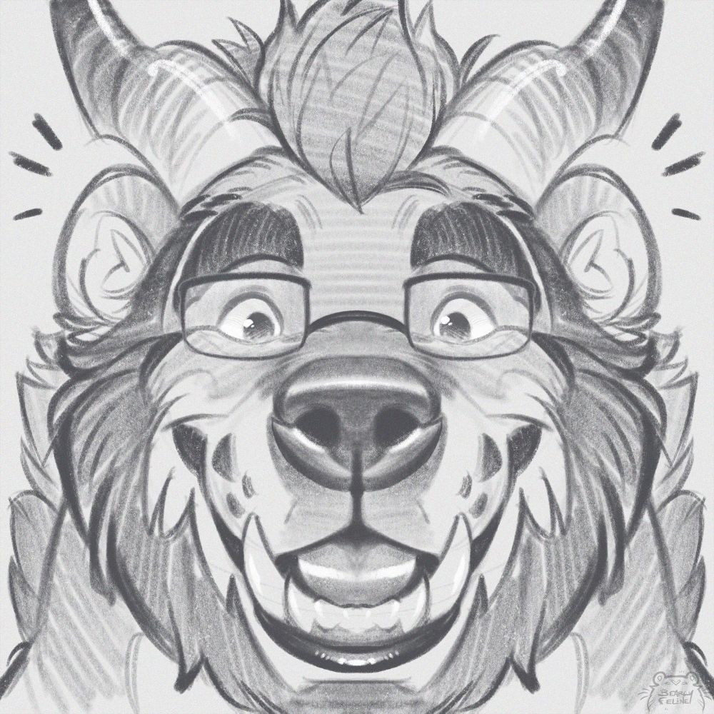 Black and white portrait of Nef, a dragon bear