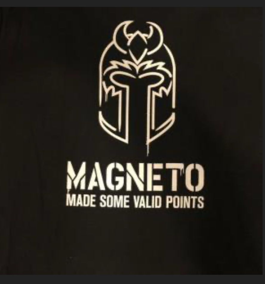 A white drawing of the helmet of Magneto, with the words “Magneto made some valid points” written underneath 