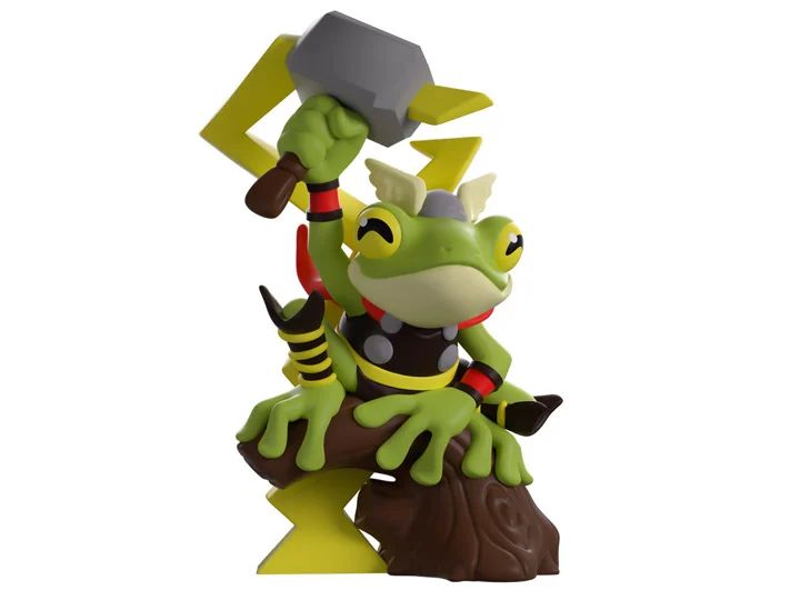 A smiling tree frog on a stump holding up a heavy hammer. He's got a little winged helmet on his head and is wearing Thor's outfit: red cape, black top with gray circles of uncertain purpose. Arm and leg bands. 

Frog Thor!