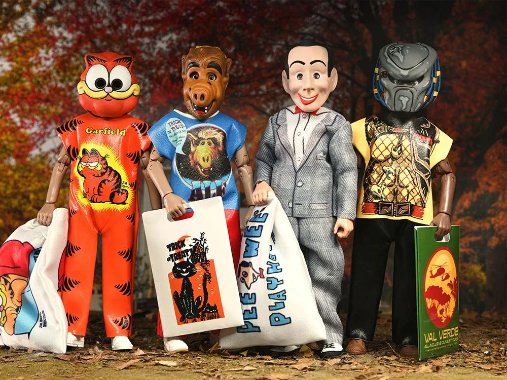 Four Ben Cooper action figures of young children dressed in 80s-style licensed character Halloween costumes. These never existed, pretty sure.

On the left, a child wears a flat Garfield mask and a plastic body suit that's orange with Garfield's distinctive stripe pattern on the sides. On his chest, it says Garfield and has a picture of the cartoon cat. He's holding a sack with a printed Garfield in his cat bed printed on the side.

Next is a child wearing an Alf costume: mask, Alf with logo on a plastic poncho front, holding a Trick or Treat bag featuring an illustrated black cat.

Next: A child with a Pee Wee Herman mask and body suit that looks like Pee Wee's distinctive gray suit and red bow tie. He's holding a large sack with the Pee Wee's Playhouse logo printed on it.

Finally, a young Predator, with a muscular chest printed on their costume shirt. They're holding a bag that says Val Verde, the setting of the film. There's an image of a helicopter over tropical trees, like a travel poster.