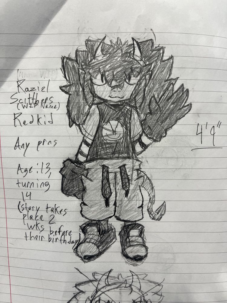 drawing, possibly of a character
na im jokin
alien kid with a spiked tail, horned headband, baggy clothed, tennis shoes, big black gloves